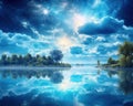 blue romantic fantasy lake in the landscape.