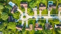 Roof view of cul-de-sac houses in low to middleclass neighborhood aerial