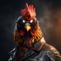 Image of rooster wore sunglasses and wore a black leather jacket on clean background. Farm animals. Illustration, Generative AI