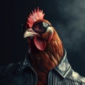 Image of rooster wore sunglasses and wore a black leather jacket on clean background. Farm animals. Illustration, Generative AI