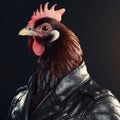 Image of rooster wore sunglasses and wore a black leather jacket on clean background. Farm animals. Illustration, Generative AI