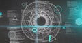 Image of rotating shapes and blue scanner beams over 3d network and data processing on grey