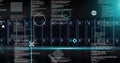 Image of rotating shapes and blue scanner beams over data processing on black background
