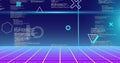 Image of rotating shapes and blue scanner beams over data processing on grid and blue background
