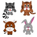 Image round the animals, raccoon, cat cow rabbit. vector image for labels.