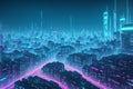 A round platform with blue neon lighting on the street of a futuristic city. Cyber future. Wallpaper in the