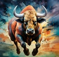 dynamic painting of a fierce bull leaping through the air. AI Image generated.