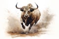 Image of running bull painting on white background. Wildlife Animals. Illustration, Generative AI