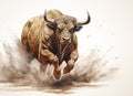 Image of running bull painting on white background. Wildlife Animals. Illustration, Generative AI