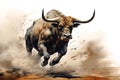 Image of running bull painting on white background. Wildlife Animals. Illustration, Generative AI