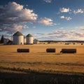 a beautiful farmer\'s field and grain silos with hay bales.