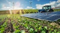 An image of a rural farmland with wind turbines and solar panels in the distance. In the forefront a farmer is using a