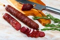 Image of russian smoked sausage cut in slices, close-up