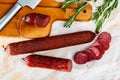 Image of russian smoked sausage cut in slices, close-up