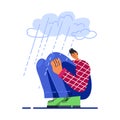 Image of a sad young guy sitting and unhappily hugging his knees and crying. The man is depressed. Vector stock illustration. Flat