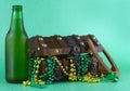 Image for Saint Patrick`s Day on March 17th. Treasure chest to symbolize luck and wealth. A bottle of beer and a horseshoe added.