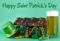 Image for Saint Patrick`s Day on March 17th. Treasure chest to symbolize luck and wealth. A glass of beer and green hat added.