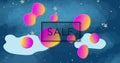 Image of sale text in black in black frame over multi coloured splodges on blue sky with stars Royalty Free Stock Photo