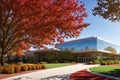 Samsung Research America SRA campus in Silicon Valley panorama with red fall trees landscape under overcast Royalty Free Stock Photo