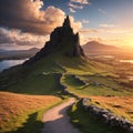 Sandy path to the top of a rock Castle Ewen on the Isle of Skye. Sunset in summer of a landscape in Scotland in the