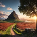 Sandy path to the top of a rock Castle Ewen on the Isle of Skye. Sunset in summer of a landscape in Scotland in the