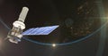 Image of satellite over globe spinning on black background Royalty Free Stock Photo