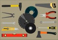 Image of a saw, pliers, axes and other tools for construction and repair