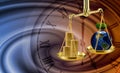 Image of scales on which coins balance planet earth Royalty Free Stock Photo
