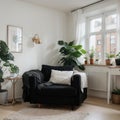 Scandic cozy interiors Comfy furnished living room and bedroom in hygge style with armchair plants and cat Modern stay home po