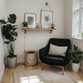 Scandic cozy interiors Comfy furnished living room and bedroom in hygge style with armchair plants and cat Modern stay home po