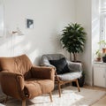 Scandic cozy interiors Comfy furnished living room and bedroom in hygge style with armchair plants and cat Modern stay home po