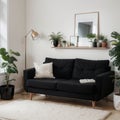 Scandic cozy interiors Comfy furnished living room and bedroom in hygge style with armchair plants and cat Modern stay home po