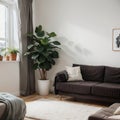 Scandic cozy interiors Comfy furnished living room and bedroom in hygge style with armchair plants and cat Modern stay home po