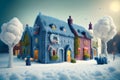 image of the scandinavian folk art houses in winter in a small town between forest.