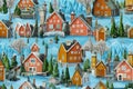 image of the scandinavian folk art houses in winter in a small town between forest.