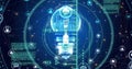Image of scanner, processing data, light bulb and communication networks on dark background Royalty Free Stock Photo