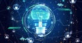 Image of scanner, processing data, light bulb and communication networks on dark background Royalty Free Stock Photo