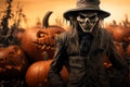 A scarecrow standing guard in a pumpkin patch halloween background