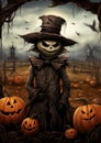 A scarecrow standing guard in a pumpkin patch halloween frame border