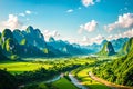 The scenery consists of mountains, forests, river, sky, morning light at Vang Vieng. made with Generative AI