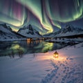Scenic photo of winter fishing village with northern lights. stunning natural background. Picturesque Scenery of