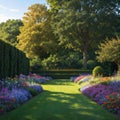 Scenic Summertime View of a Beautiful English Style Landscape Garden with a Green Mowed Lawn, Leafy Trees