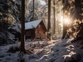 a cabin in the woods surrounded by trees and snow covered ground Royalty Free Stock Photo