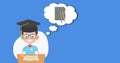 Image of schoolboy wearing graduation cap icon with speech bubble on blue background Royalty Free Stock Photo