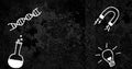 Image of science concept icons over changing grunge effect on black background with copy space Royalty Free Stock Photo