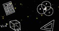 Image of science and mathematics icons over stars on black background