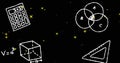 Image of science and mathematics icons over stars on black background Royalty Free Stock Photo