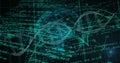 Image of scientific data processing over dna strands on dark background Royalty Free Stock Photo