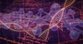 Image of scientific data processing over dna strands on dark background Royalty Free Stock Photo