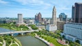 Scioto Mile Promenade park with bridge leading into heart of Columbus Ohio downtown aerial